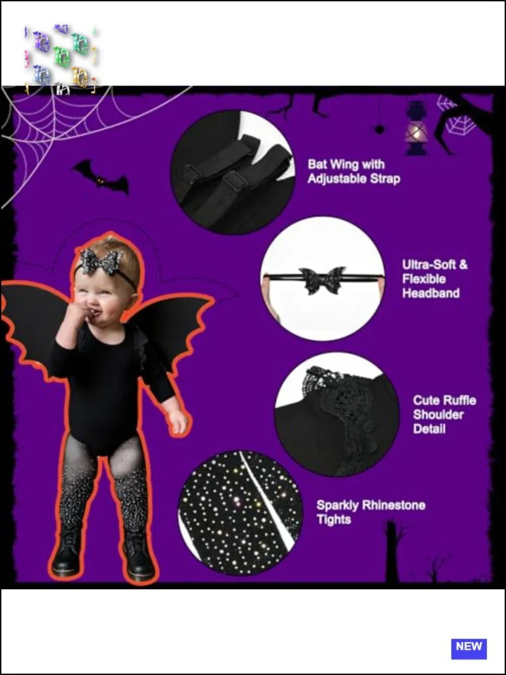 Baby Bat Halloween Costume Set - Long Sleeve Ruffle Bodysuit Romper with Wings